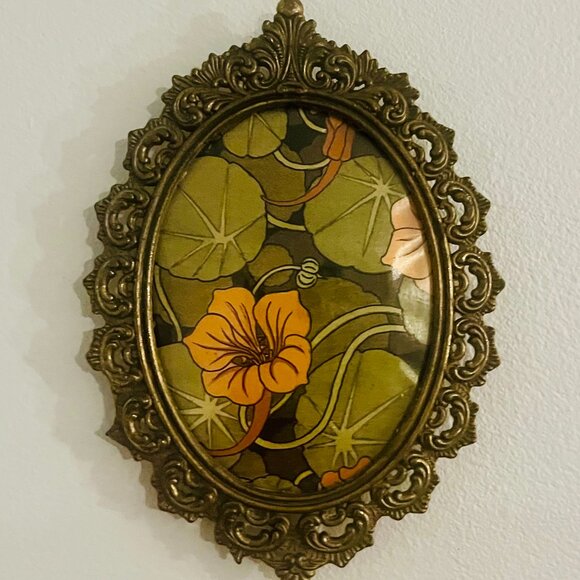 Vintage Other - Antique Hanging Brass Frame in Ornate Floral Design with Convex Glass Cover